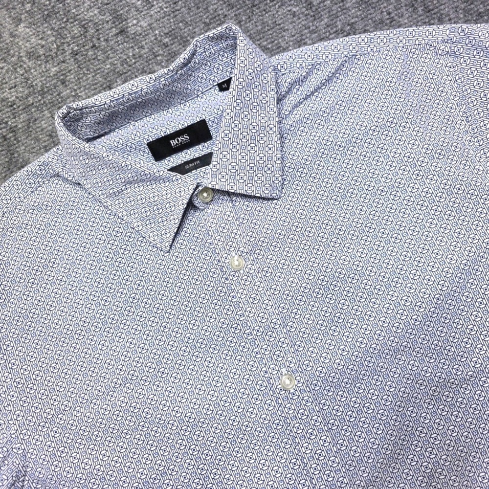 Hugo Boss Men's Medium Blue Geometric Slim Fit Short Sleeve Button Down Shirt